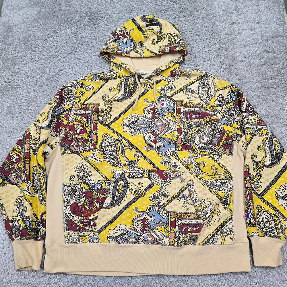 Champion Reverse Weave Paisley Patchwork Hoodie‎ Mens Size 2XL Streetwear